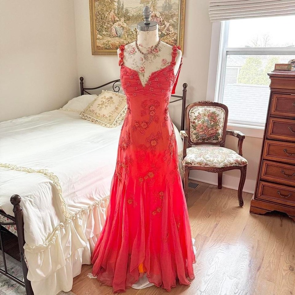 Floral beaded fairy silk prom dress 90s scala coral beaded silk dress